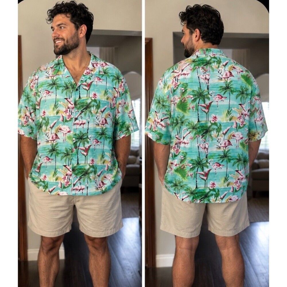 RJC Hawaiian Shirt Mens 2XL Flamingo Hibiscus Teal Palm Tree Made in Hawaii USA